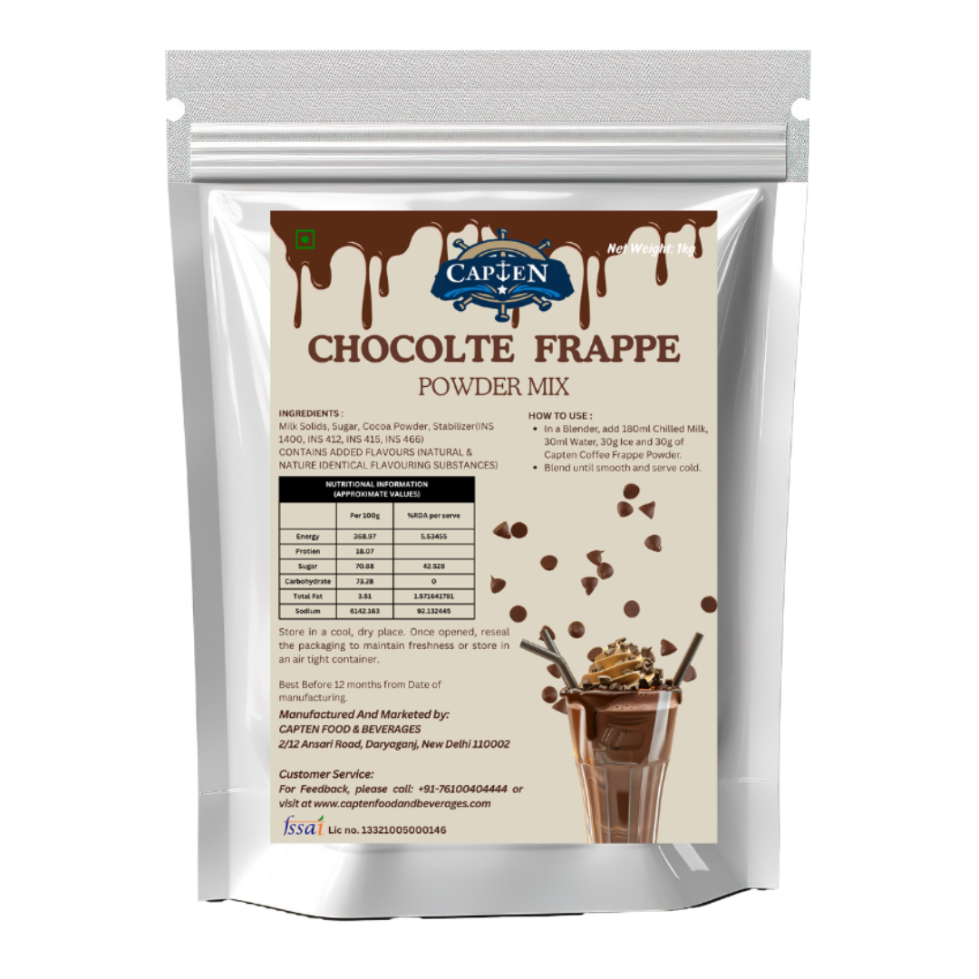 Capten Chocolate Frappe Powder 1kg | Instant Chocolate Beverage Premix for Cold Coffee, Frappe & Milkshakes | Café & Home Use